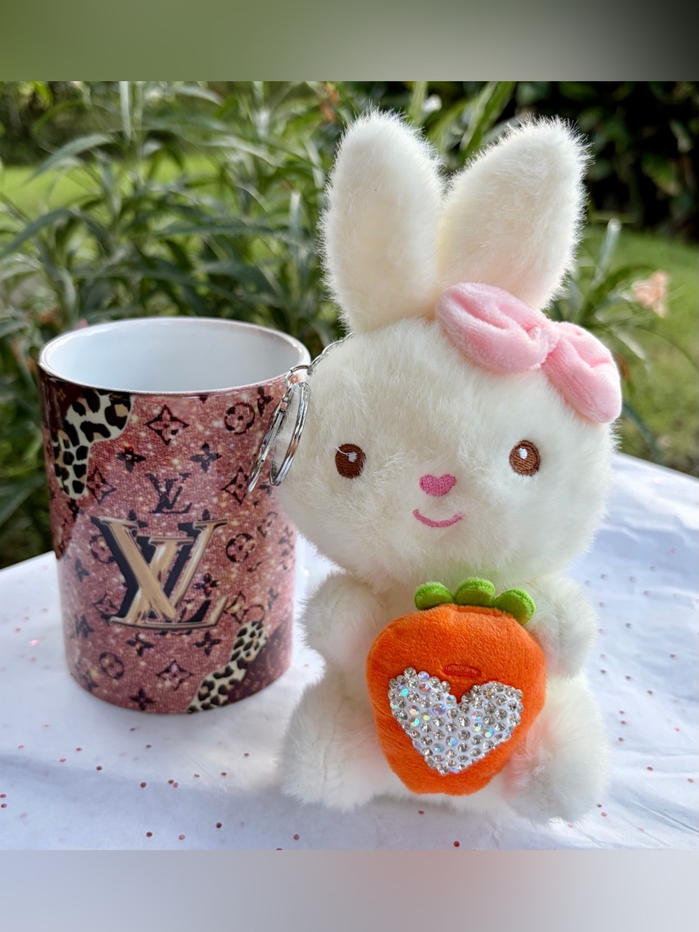 NEW LARGE Plush Bunny Keychain, Bag Charm, Backpack Charm w/Orange Heart Accent